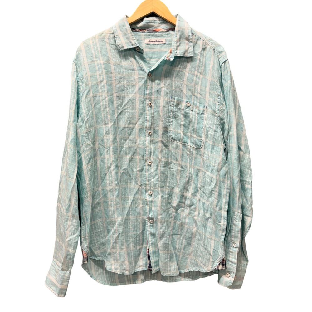 Tommy Bahama Button Up Shirt Mens Large Plaid Blue Linen Tencel Coastal Casual